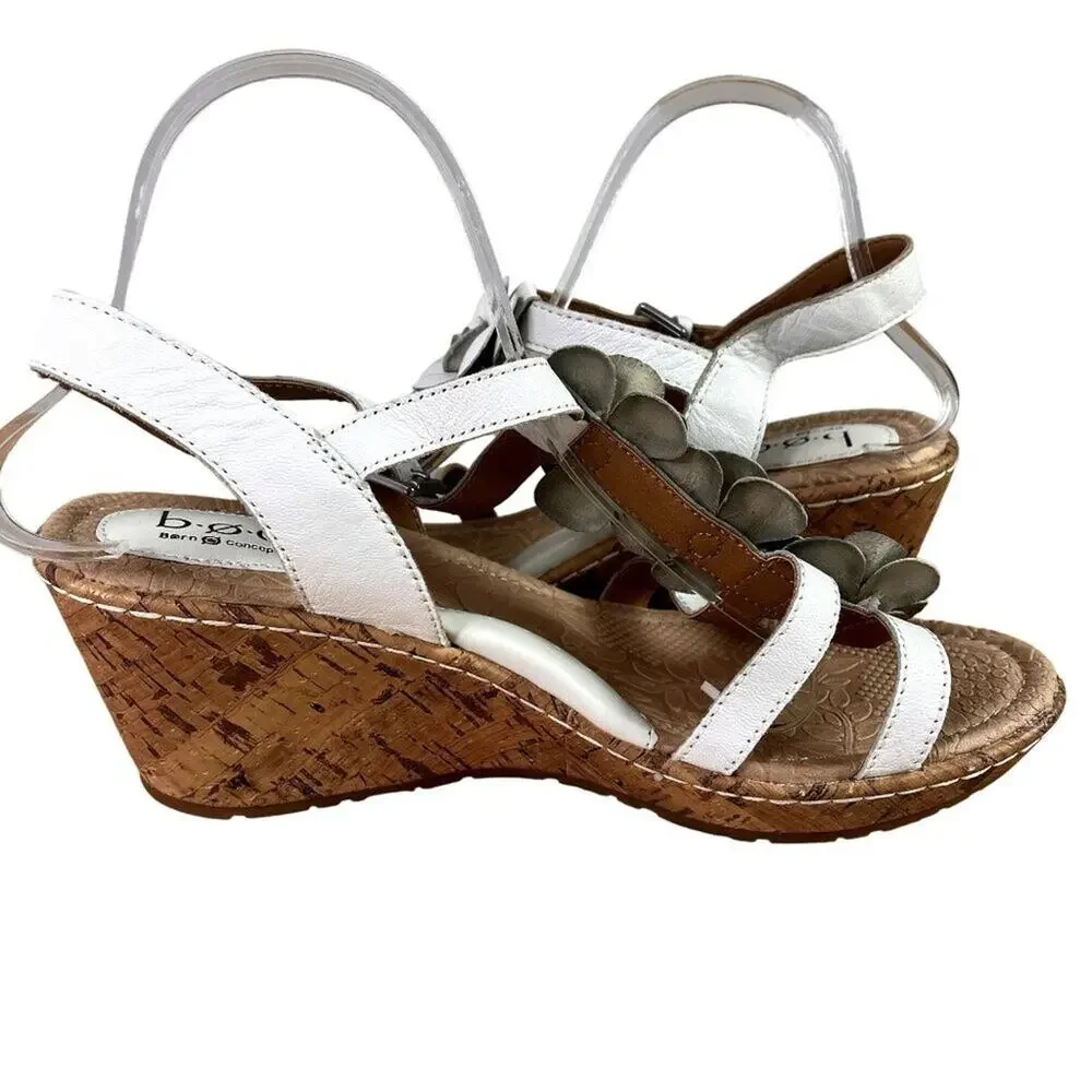 BOC Cornelis Wedge Sandals 10M White Floral Adjustable Ankle Strap Leather Upper